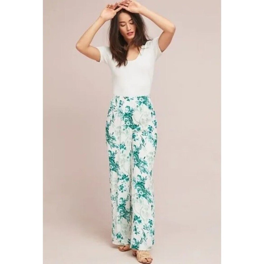 $128 Anthropologie Etttwa Christina floral flowers Wide-Leg Trousers pants Sz 0